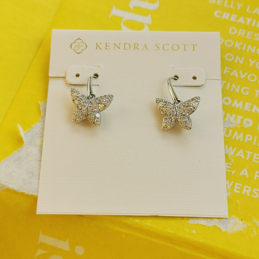 Kendra Scott Lillia Crystal Butterfly White Crystal Drop Earrings - Silver New